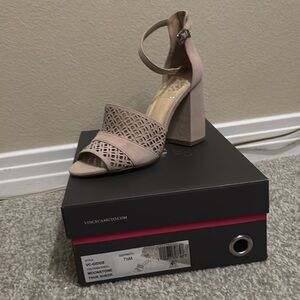 Beige suede Vince Camuto heels with block heel and ankle strap